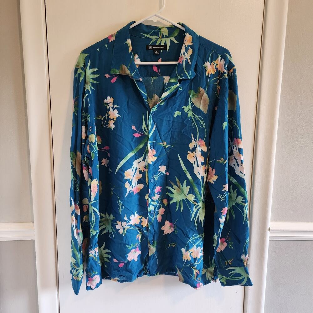 INC International Concepts Floral Print Blouse Sz XL Tropical Career Button Down